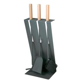   Kandallótisztító készlet, antracit tartóval, fa fogantyúkkal, 3 részes